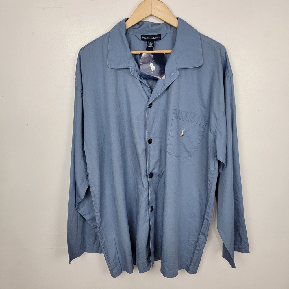 Polo Ralph Lauren Shirt Mens Sz L Long Sleeve Button Front Chino Sleepwear Blue